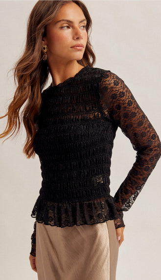 Rachel Smocked Bodice Long Sleeve Lace Top- Black