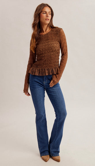 Rachel Smocked Bodice Long Sleeve Lace Top- Brown