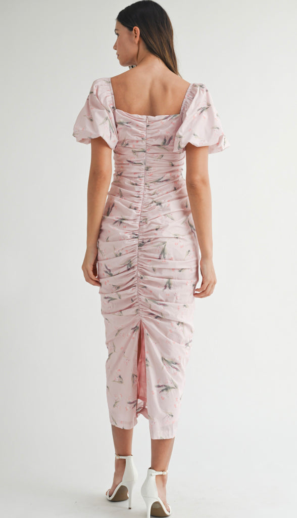 Showered With Love Floral Puff Sleeve Ruched Midi Dress- Lt Pink