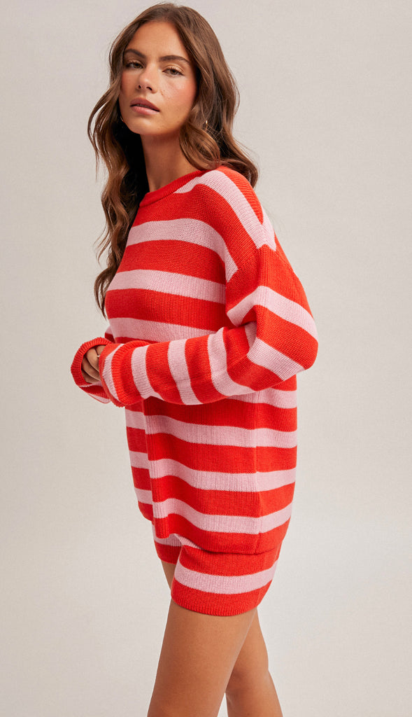 Be Mine Ribbed Waistband Sweater Shorts- Red/Pink