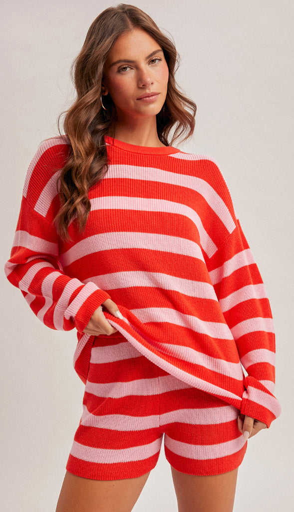 Be Mine Ribbed Waistband Sweater Shorts- Red/Pink