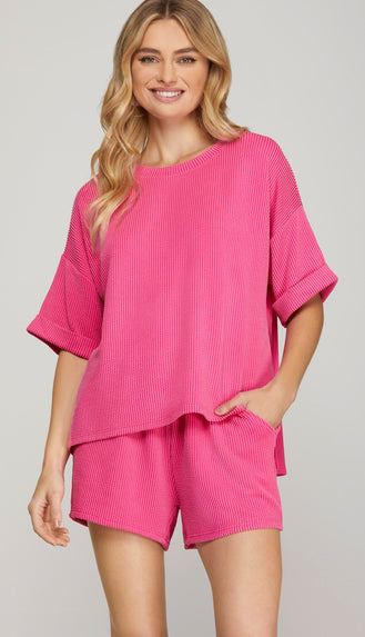 Millie Half Sleeve Textured Top- Hot Pink