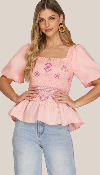 Sweetie Puff Sleeve Smocked Peplum Top- Pink