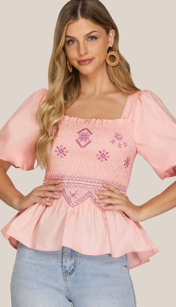 Sweetie Puff Sleeve Smocked Peplum Top- Pink