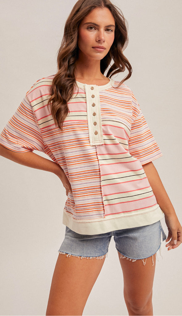 Everyday Easy Stripe Mixed Henley Top- Pink