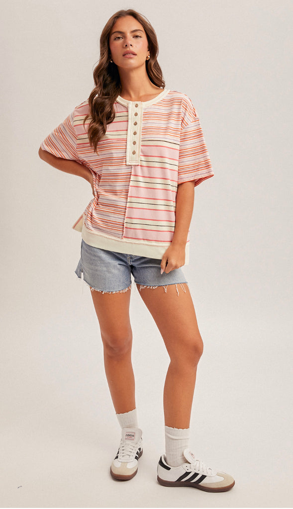 Everyday Easy Stripe Mixed Henley Top- Pink