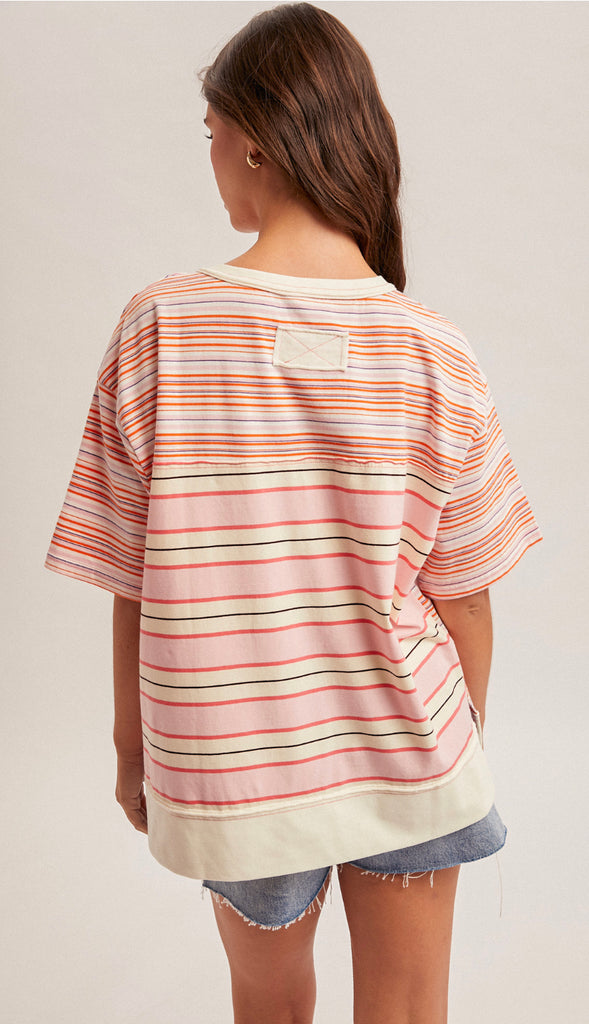 Everyday Easy Stripe Mixed Henley Top- Pink