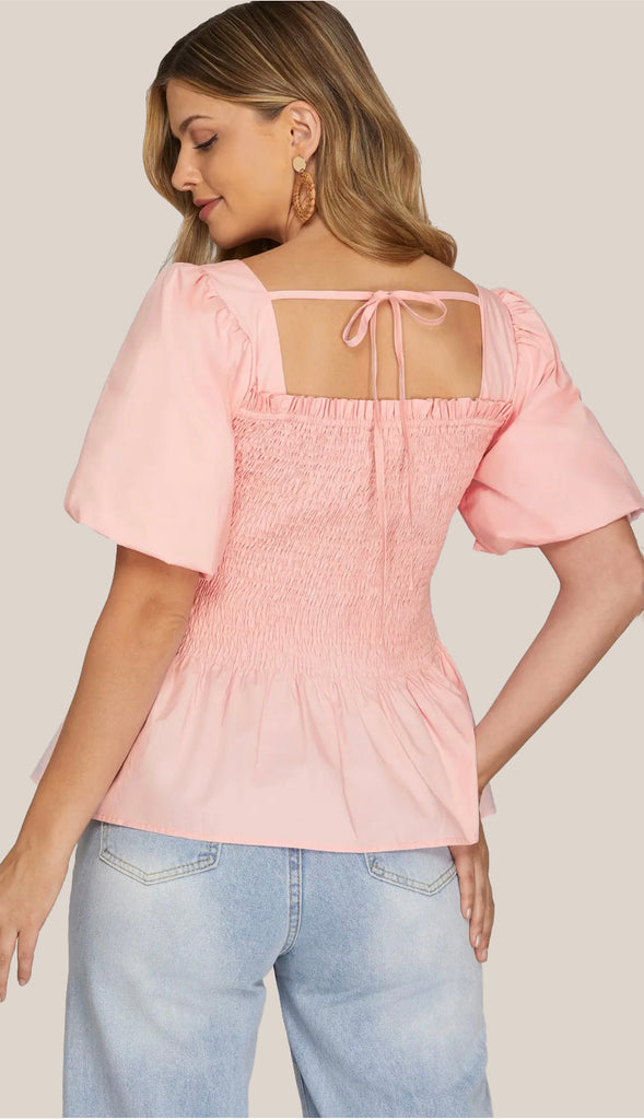 Sweetie Puff Sleeve Smocked Peplum Top- Pink
