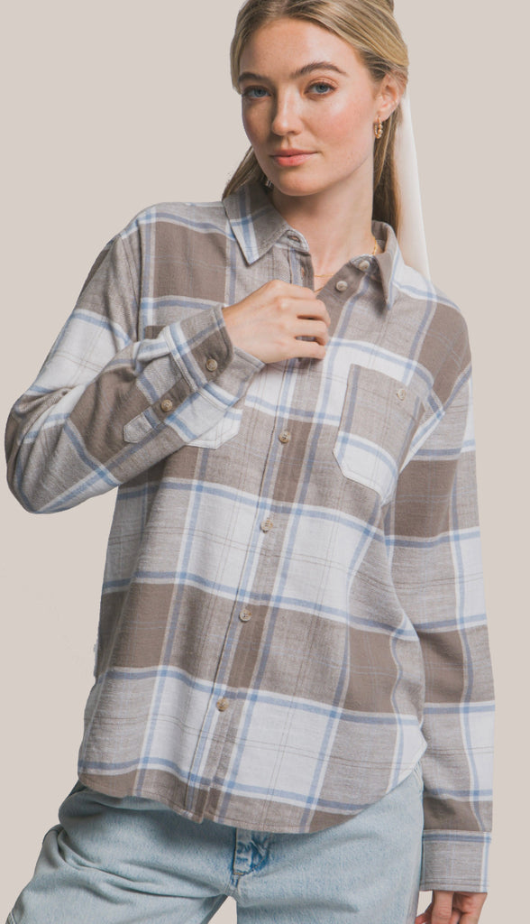 Inga Plaid Flannel Button-Down Shirt- Truffle