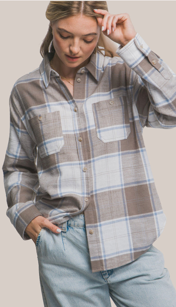 Inga Plaid Flannel Button-Down Shirt- Truffle