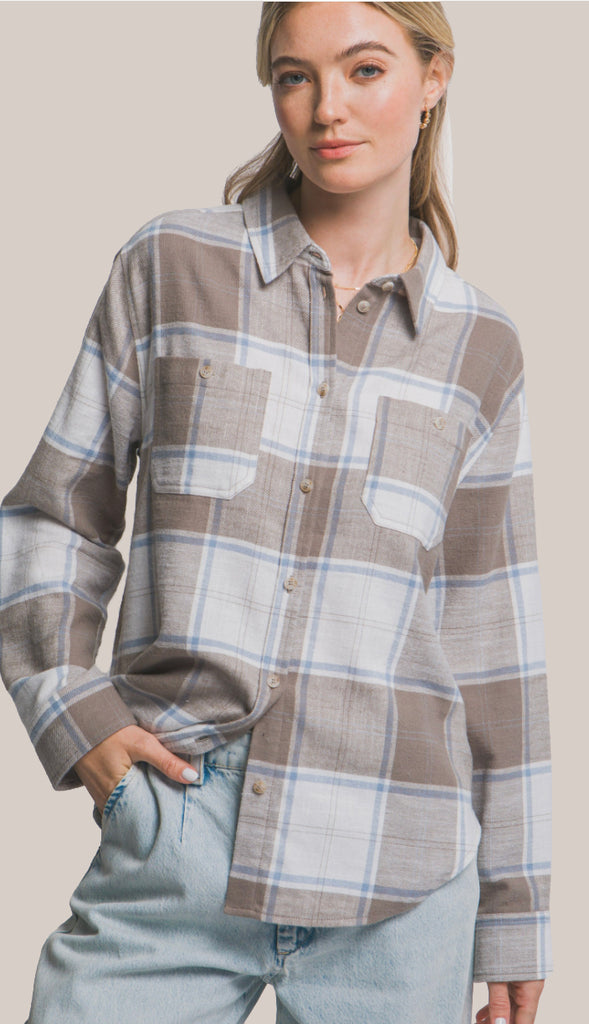 Inga Plaid Flannel Button-Down Shirt- Truffle