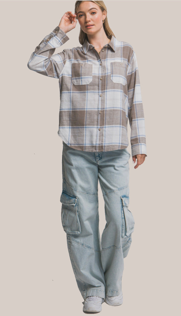 Inga Plaid Flannel Button-Down Shirt- Truffle