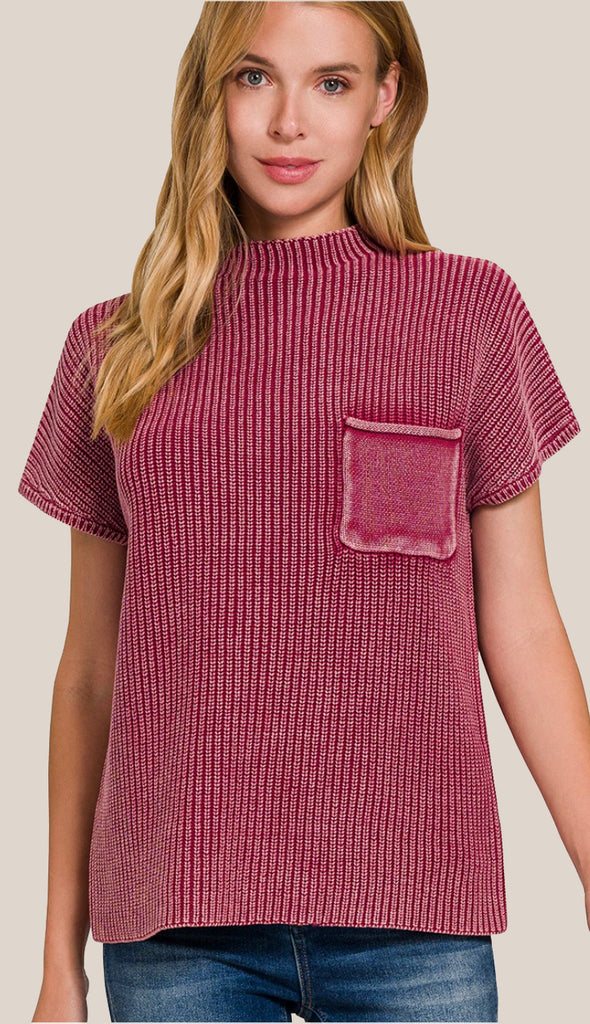Scarlett Washed Mock Neck Pocket Sweater- Ash Jade