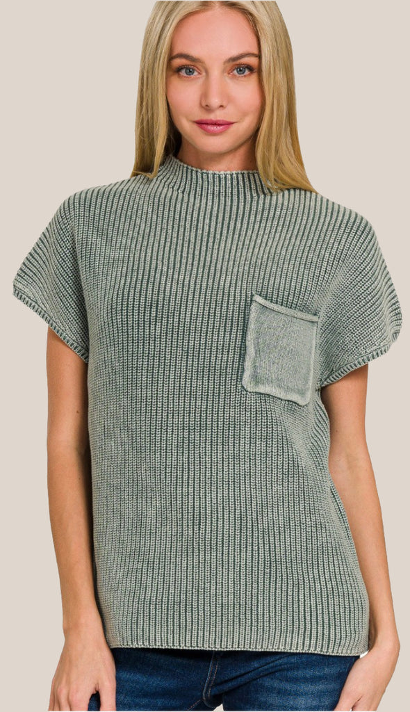 Scarlett Washed Mock Neck Pocket Sweater- Cabernet