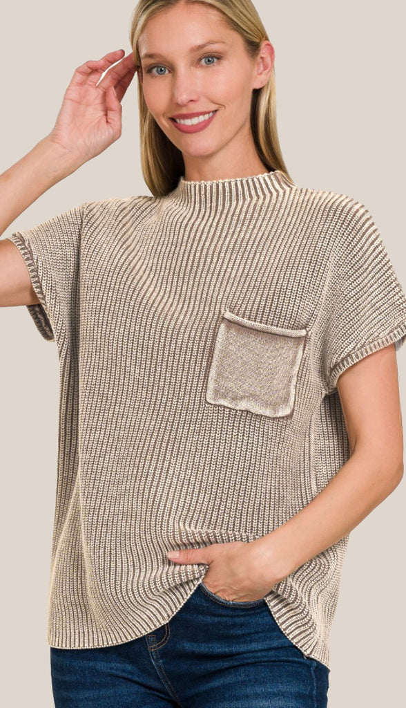 Scarlett Washed Mock Neck Pocket Sweater- Cabernet