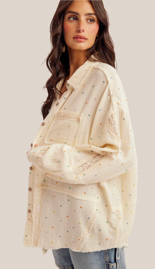 Polka Dot Lace Mix Button Down Shirt- Cream