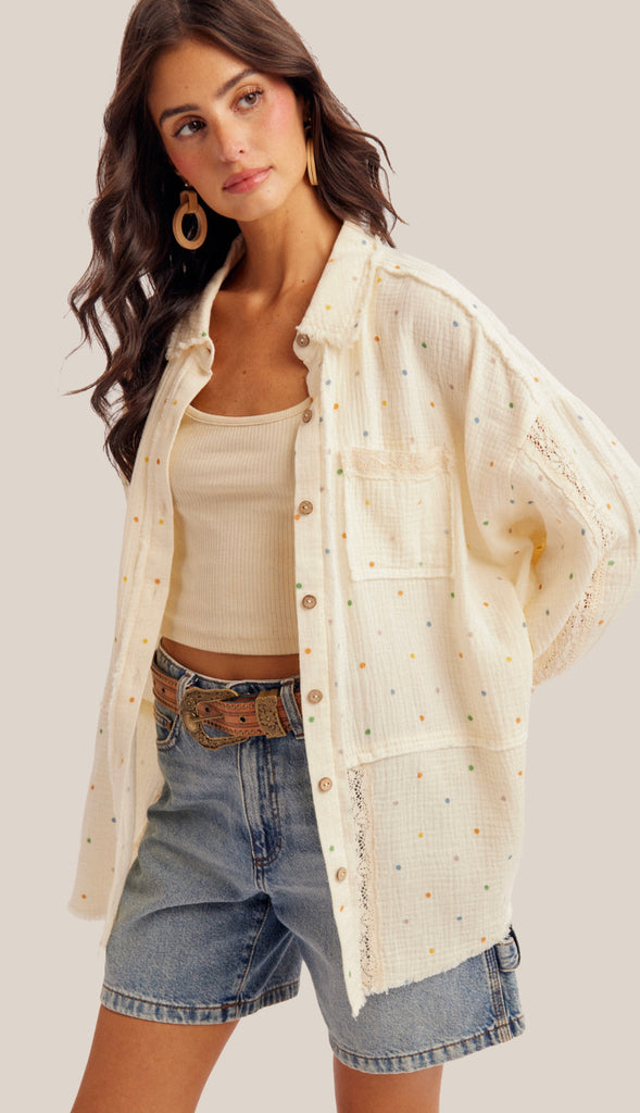 Polka Dot Lace Mix Button Down Shirt- Cream