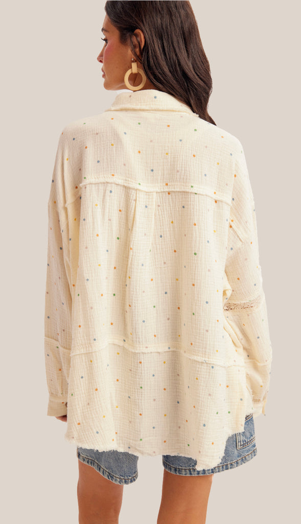 Polka Dot Lace Mix Button Down Shirt- Cream