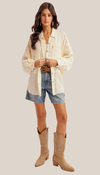 Polka Dot Lace Mix Button Down Shirt- Cream