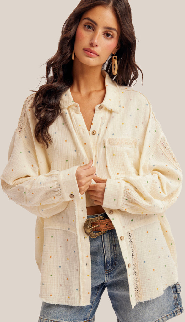 Polka Dot Lace Mix Button Down Shirt- Cream