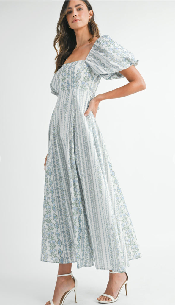 All In The Details Floral Puff Sleeve Midi Dress- Blue
