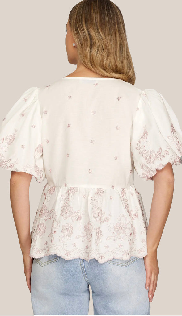 Girly Things Puff Sleeve Embroidery Scallop Hem Top- Lt. Pink