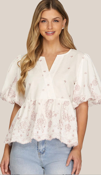 Girly Things Puff Sleeve Embroidery Scallop Hem Top- Lt. Pink