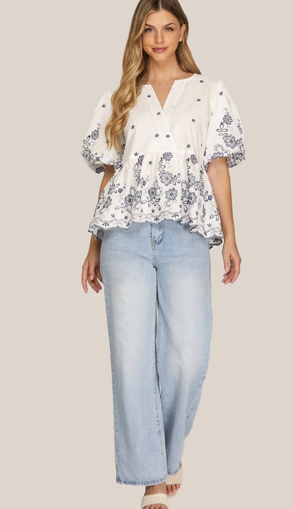 Girly Things Puff Sleeve Embroidery Scallop Hem Top- Lt. Pink