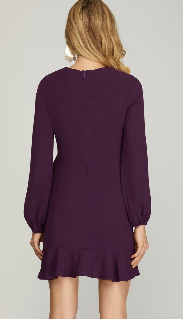Aria Asymmetrical Ruffle Hem Mini Dress- Eggplant