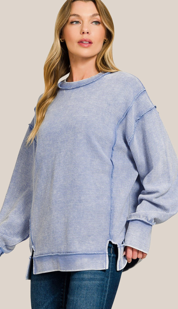 Casey Acid Wash Ribbed Exposed Seam Pullover- Marlin Blue