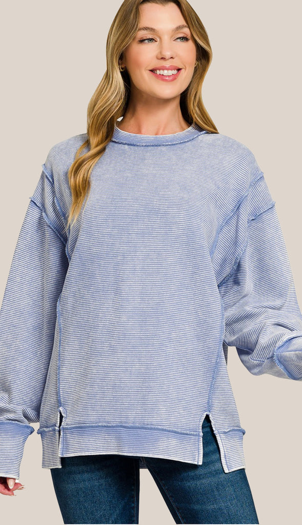 Casey Acid Wash Ribbed Exposed Seam Pullover- Marlin Blue