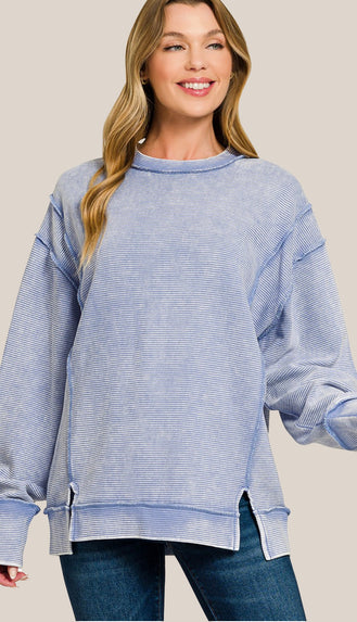 Casey Acid Wash Ribbed Exposed Seam Pullover- Marlin Blue