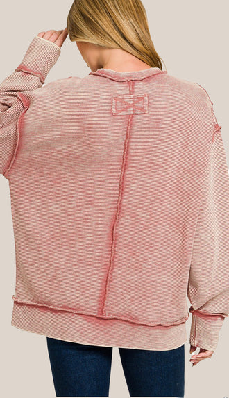 Casey Acid Wash Ribbed Exposed Seam Sweatshirt- Winter Rose