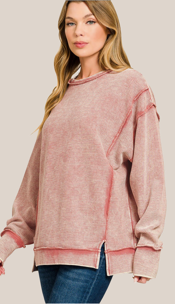 Casey Acid Wash Ribbed Exposed Seam Sweatshirt- Winter Rose