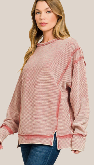 Casey Acid Wash Ribbed Exposed Seam Sweatshirt- Winter Rose