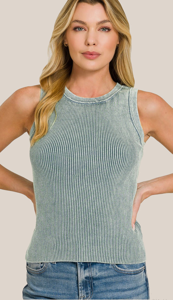 Washed Ribbed Tank Top- Ash Jade