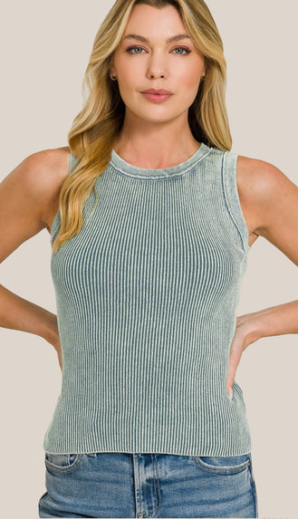 Washed Ribbed Tank Top- Ash Jade