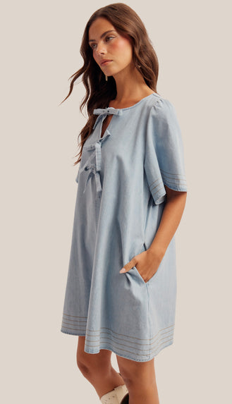 Elle Ribbon Detail Shift Dress- Light Denim Blue