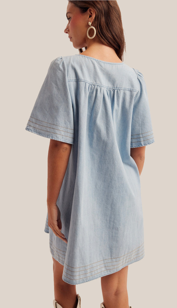Elle Ribbon Detail Shift Dress- Light Denim Blue