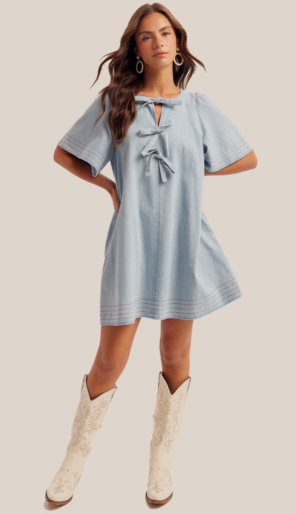 Elle Ribbon Detail Shift Dress- Light Denim Blue