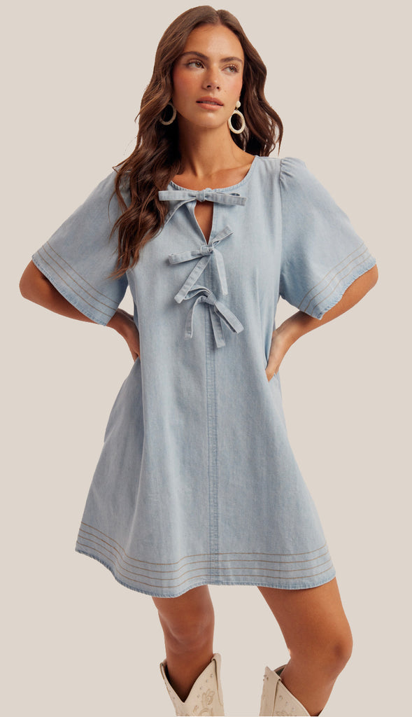 Elle Ribbon Detail Shift Dress- Light Denim Blue