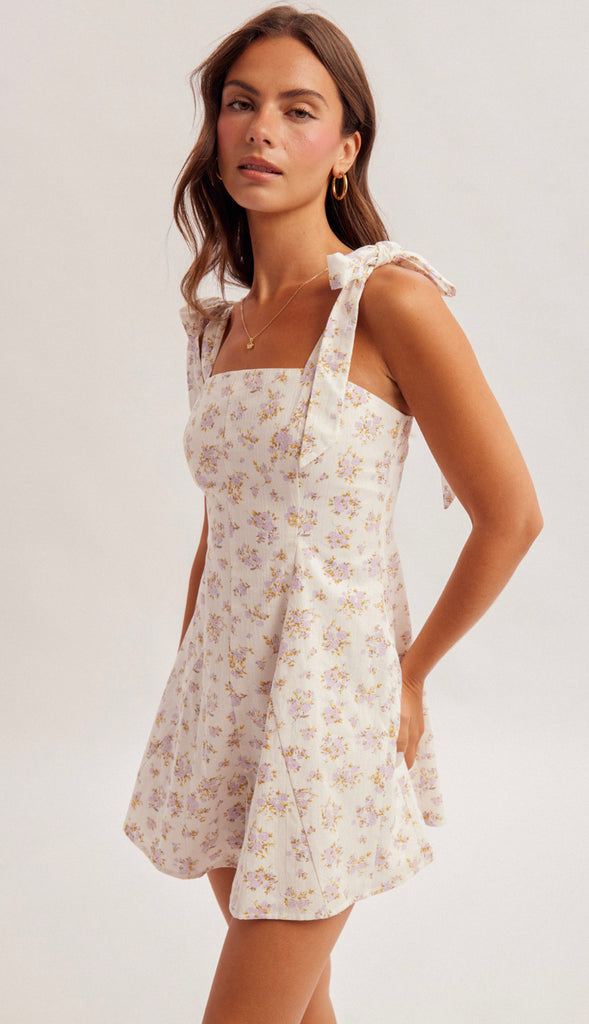 Angelina Floral Ditsy Print Tie Strap Romper- White/Lavender