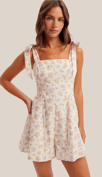 Angelina Floral Ditsy Print Tie Strap Romper- White/Lavender
