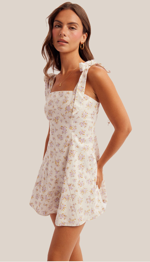 Angelina Floral Ditsy Print Tie Strap Romper- White/Lavender