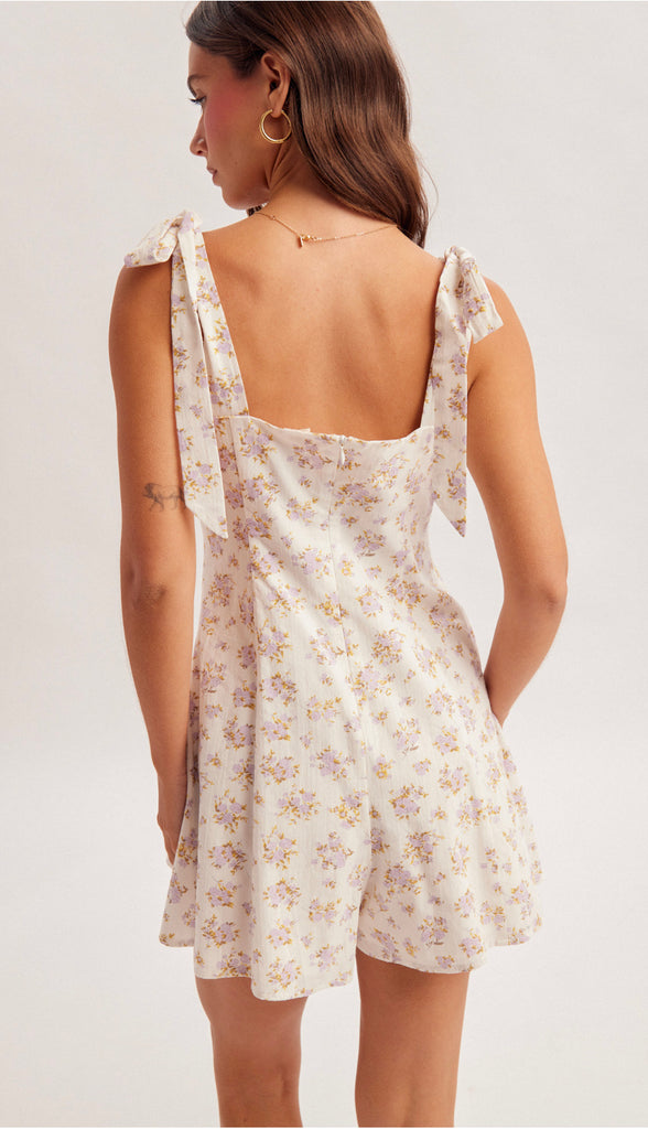 Angelina Floral Ditsy Print Tie Strap Romper- White/Lavender