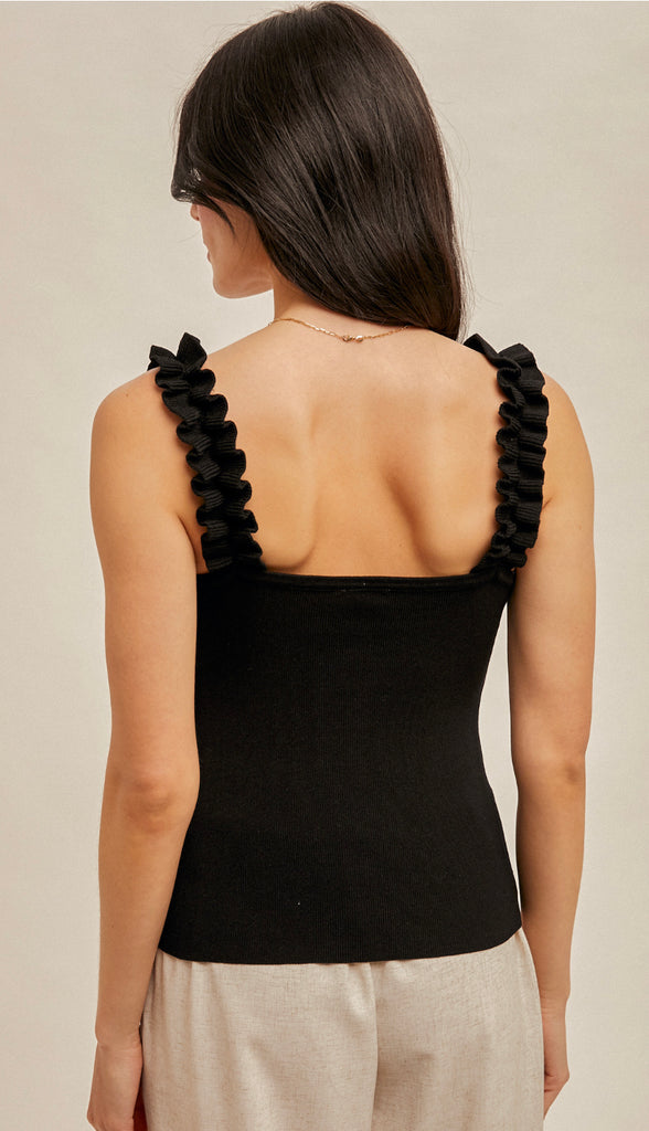 Salige Ruffle Strap Sweater Tank- Black