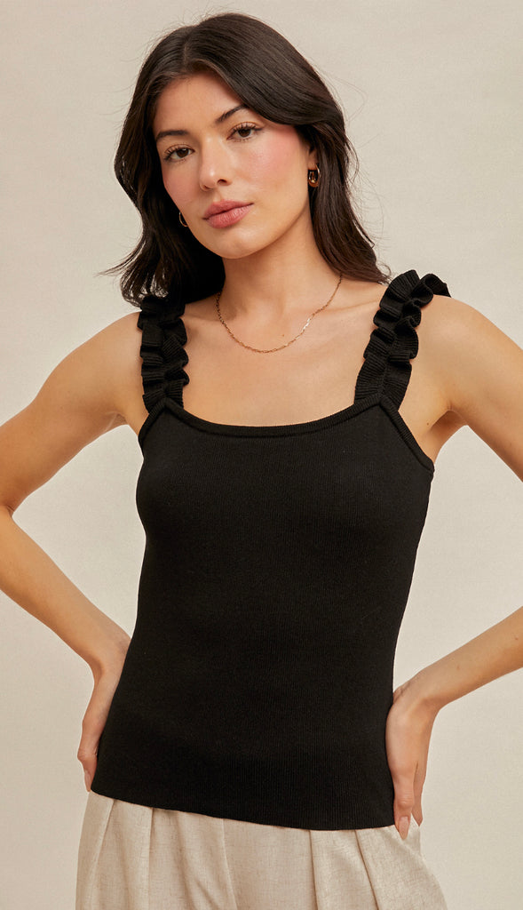 Salige Ruffle Strap Sweater Tank- White