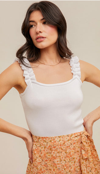 Salige Ruffle Strap Sweater Tank- White