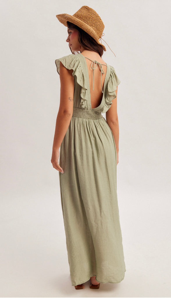 Willa Lace Up Midi Dress- Sage