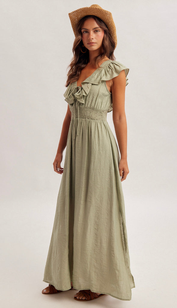 Willa Lace Up Midi Dress- Sage